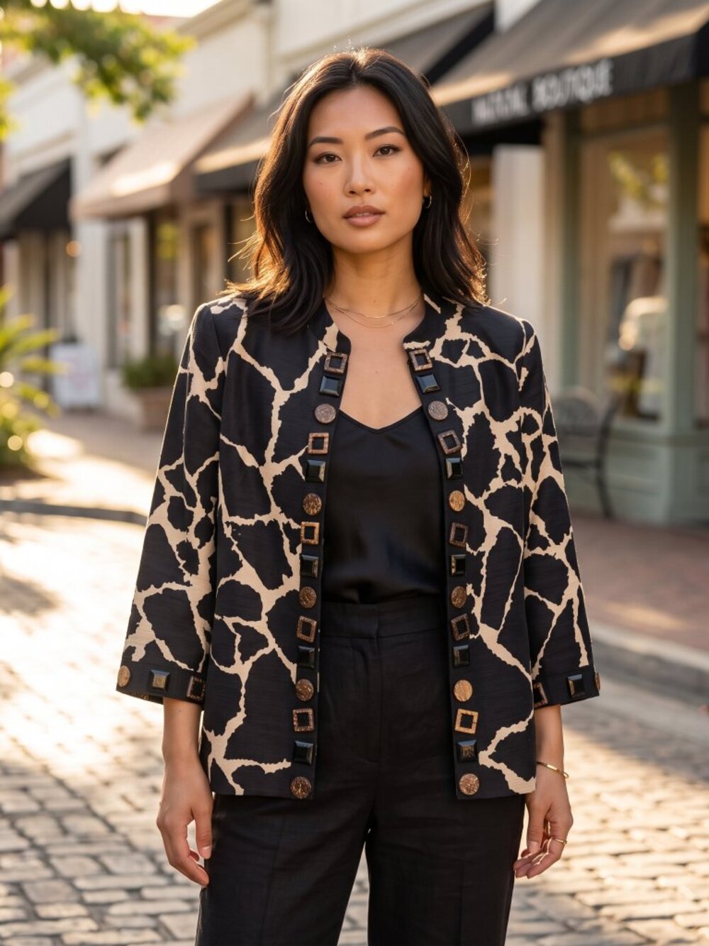 Classic Trenz by T. Renz Silk Blend Giraffe Print Embellished Open Jacket M